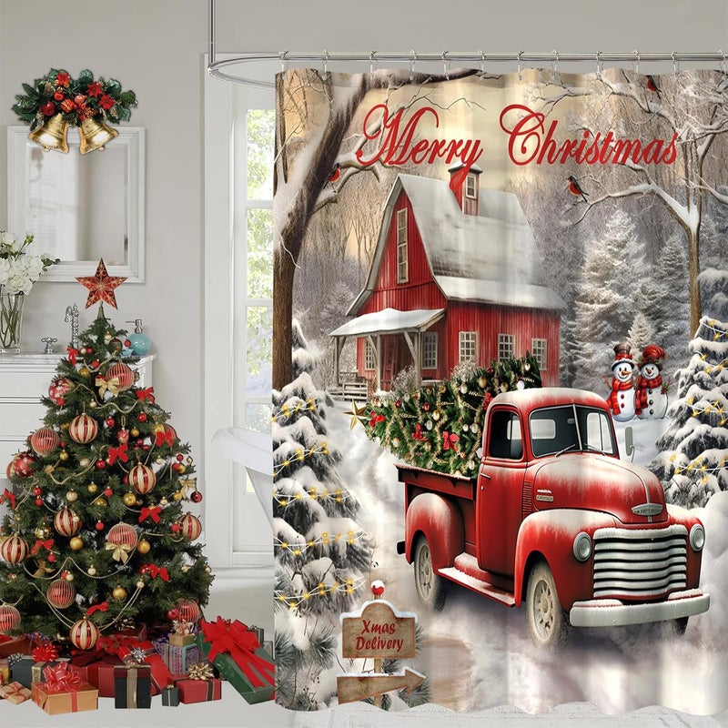 YOSTEV Red Truck Christmas Shower Curtains for Bathroom Decor Christmas Tree Shower Curtain Winter Vintage Rustic Farmhouse Bathroom Curtain Xmas Pine Fabric Cloth Bath Curtain 72x72 Inch - Image 1